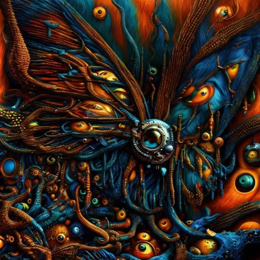 Prompt: Surrealistic 8K illustration,vibrant colors, intense colors, melting clock elements, surreal Salvador Dali-inspired style, intricate fur patterns, intense and piercing gaze, dreamlike atmosphere, high quality, ultra-detailed, surrealism,detailed fur, surreal atmosphere, intense eyes, dreamlike lighting