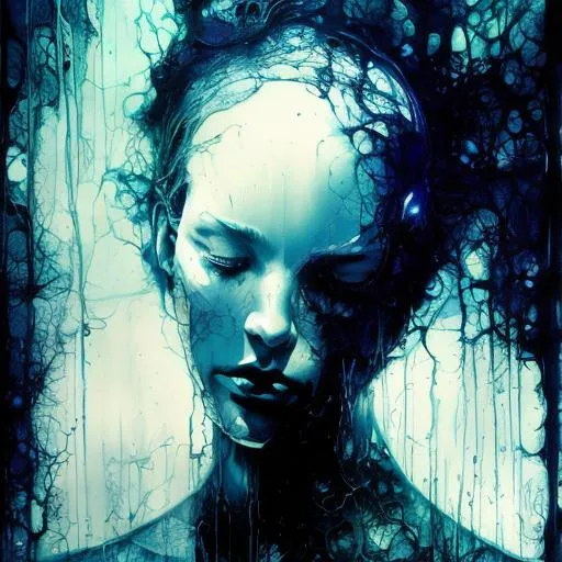 Prompt: Double Exposure - "DREAMS, DOWNTRODDEN" Medium: ink on glass (vivid, emotional, evocative, Ethereal) By Clayton Crain Royo