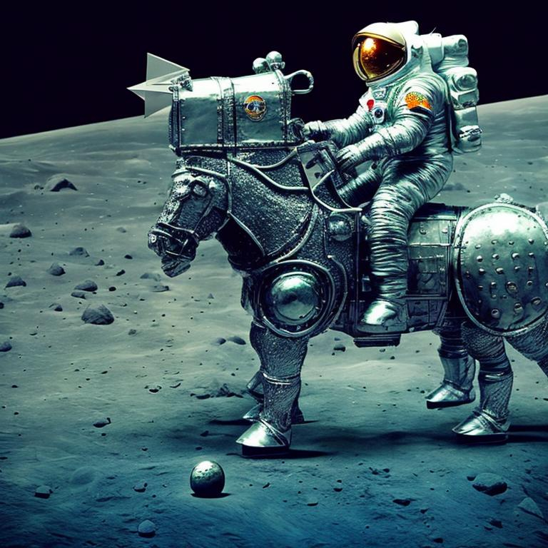 Prompt: An astronaut riding a steel horse on the moon. The astronaut is wearing a medieval armor with a party hat and a green sword.