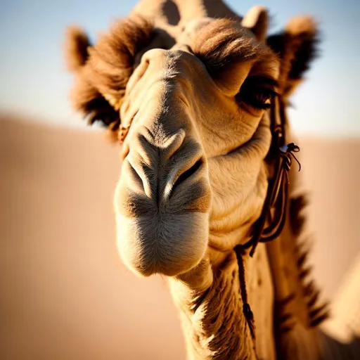 Prompt: Camel with long, curled eyelashes, close-up portrait, soft fur texture evident, serene expression, neutral-toned desert background with sparse vegetation, warm sunlight casting gentle shadows, high-resolution photo, depth of field focused on the camel's face, bokeh effect on the background, natural light, ultra-clear, ultra-realistic.