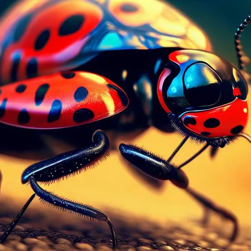 Prompt: intense gaze, powerful stance,  Dali- style, vibrant colors, natural environment, photorealistic, 8k resolution, detailed texture, professional, realistic lighting, ladybug, high-quality