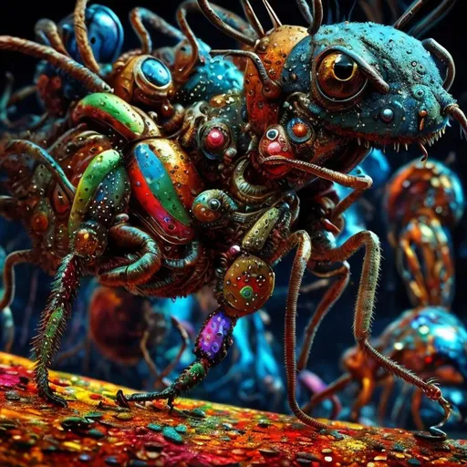 Prompt: Surrealistic 8K illustration, ant, vibrant colors, intense colors, melting clock elements, surreal Salvador Dali-inspired style, intricate fur patterns, intense and piercing gaze, dreamlike atmosphere, high quality, ultra-detailed, surrealism,detailed fur, surreal atmosphere, intense eyes, dreamlike lighting