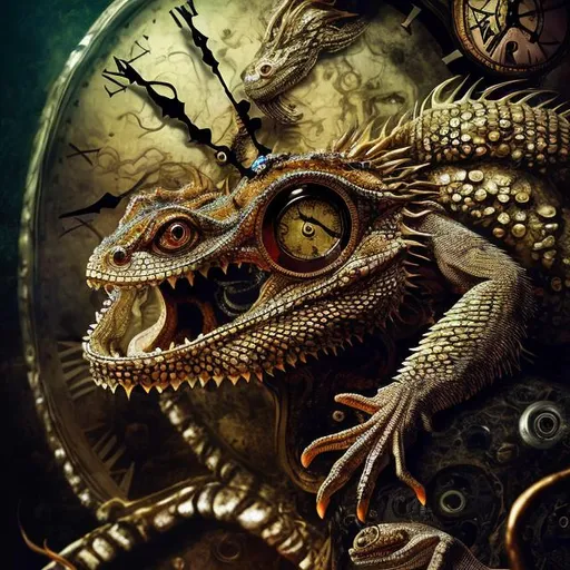 Prompt: Surrealistic 8K illustration of a Bearded Dragon, melting clock elements, surreal Dali-inspired style, intricate fur patterns, intense and piercing gaze, dreamlike atmosphere, high quality, ultra-detailed, surrealism, Dali-inspired, detailed fur, surreal atmosphere, vibrant colors, intense eyes, dreamlike lighting