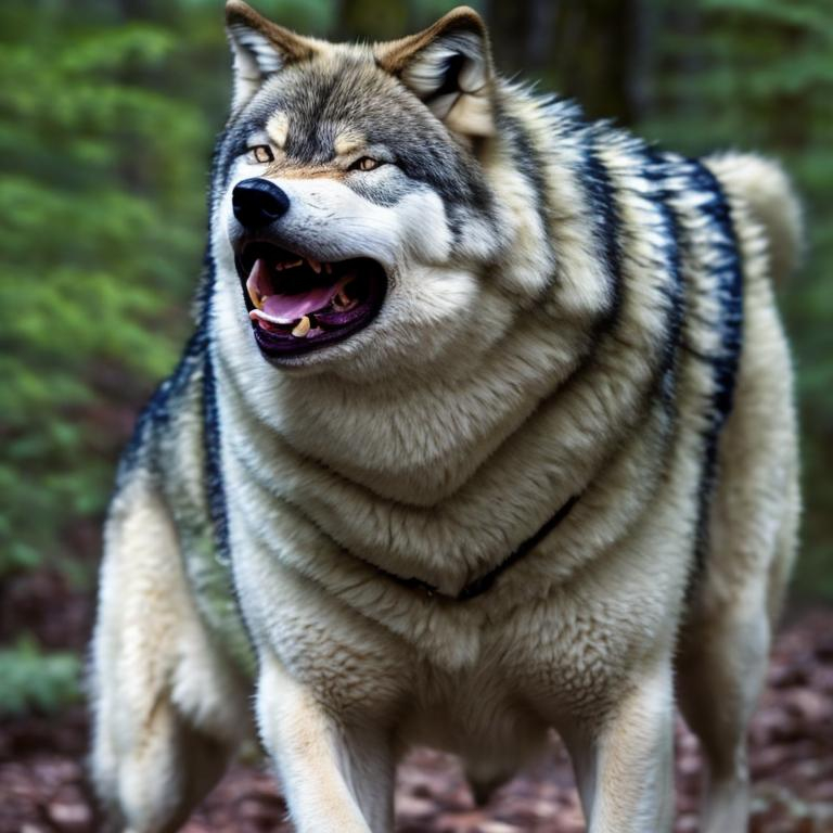 Prompt: Snarling fat wolf with an incredibly large belly in the woods