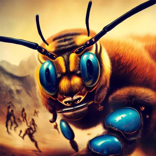 Prompt: intense gaze, powerful stance,  Dali- style, vibrant colors, natural environment, photorealistic, 8k resolution, detailed texture, professional, realistic lighting, bee, high-quality
