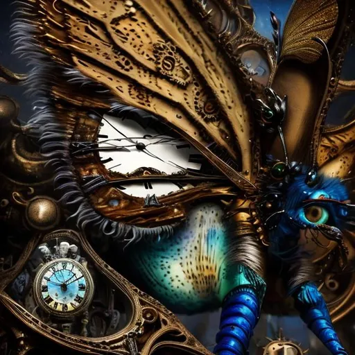 Prompt: Surrealistic 8K illustration of a majestic butterfly, melting clock elements, surreal Dali-inspired style, intricate fur patterns, intense and piercing gaze, dreamlike atmosphere, high quality, ultra-detailed, surrealism, Salvador Dali-inspired, detailed fur, surreal atmosphere,  rainbow colors, vibrant colors, intense eyes, dreamlike lighting, 
