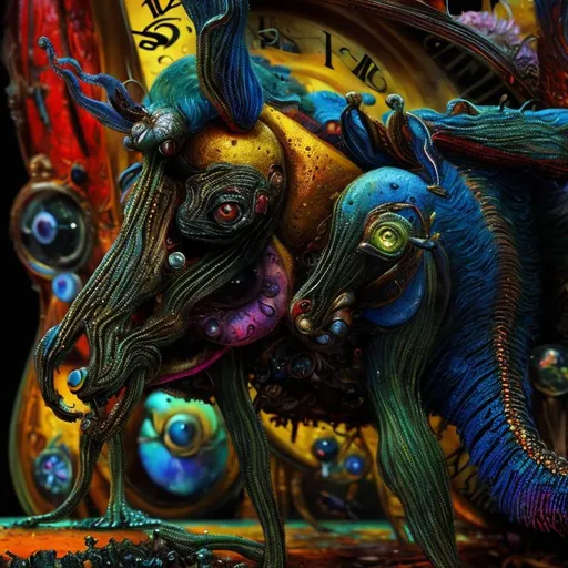 Prompt: Surrealistic 8K illustration, ant, vibrant colors, intense colors, melting clock elements, surreal Salvador Dali-inspired style, intricate fur patterns, intense and piercing gaze, dreamlike atmosphere, high quality, ultra-detailed, surrealism,detailed fur, surreal atmosphere, intense eyes, dreamlike lighting