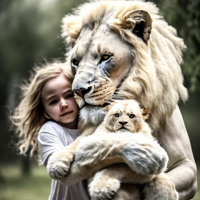 Prompt: A large white lion holding a cute little human girl in its arms, realistic, like a photo, 8k resolution, high quality, sharo focus
