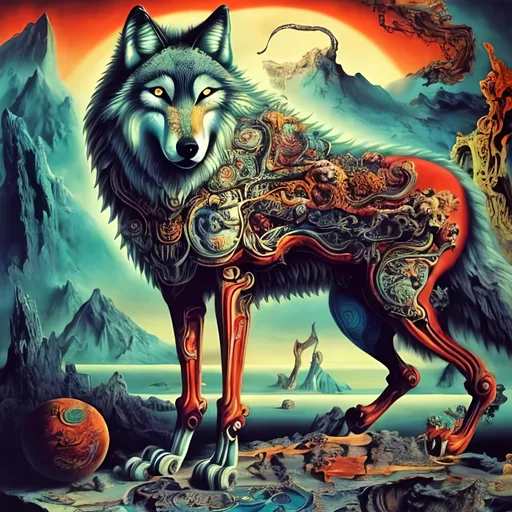 Prompt: Wolf in Dali style, surrealistic,  vibrant colors, whimsical, highres, detailed, vibrant colors, intricate details, dreamlike, artistic medium, oil painting, vibrant, surreal, surrealistic lighting