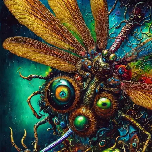 Prompt: Surrealistic 8K illustration, dragonfly, vibrant colors, intense colors, melting clock elements, surreal Salvador Dali-inspired style, intricate fur patterns, intense and piercing gaze, dreamlike atmosphere, high quality, ultra-detailed, surrealism,detailed fur, surreal atmosphere, intense eyes, dreamlike lighting