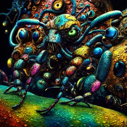 Prompt: Surrealistic 8K illustration, ant, vibrant colors, intense colors, melting clock elements, surreal Salvador Dali-inspired style, intricate fur patterns, intense and piercing gaze, dreamlike atmosphere, high quality, ultra-detailed, surrealism,detailed fur, surreal atmosphere, intense eyes, dreamlike lighting