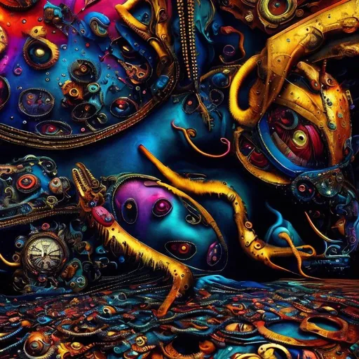 Prompt: Surrealistic 8K illustration,vibrant colors, intense colors, melting clock elements, surreal Salvador Dali-inspired style, intricate fur patterns, intense and piercing gaze, dreamlike atmosphere, high quality, ultra-detailed, surrealism,detailed fur, surreal atmosphere, intense eyes, dreamlike lighting
