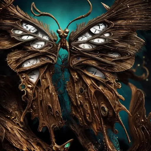 Prompt: Surrealistic 8K illustration of a majestic butterfly, melting clock elements, surreal Dali-inspired style, intricate fur patterns, intense and piercing gaze, dreamlike atmosphere, high quality, ultra-detailed, surrealism, Salvador Dali-inspired, detailed fur, surreal atmosphere, vibrant colors, intense eyes, dreamlike lighting
