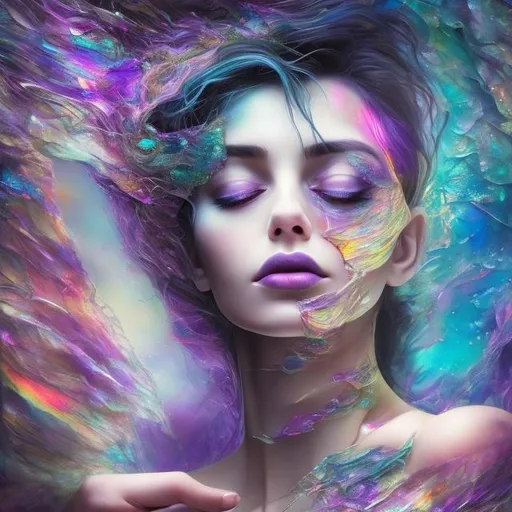 Prompt: Woman merging with her art. By Dreamer 💜, Broken Glass effect, no background, stunning, something that even doesn't exist, mythical being, energy, molecular, textures, iridescent and luminescent scales, breathtaking beauty, pure perfection, divine presence, unforgettable, impressive, breathtaking beauty, Volumetric light, auras, rays, vivid colors reflects