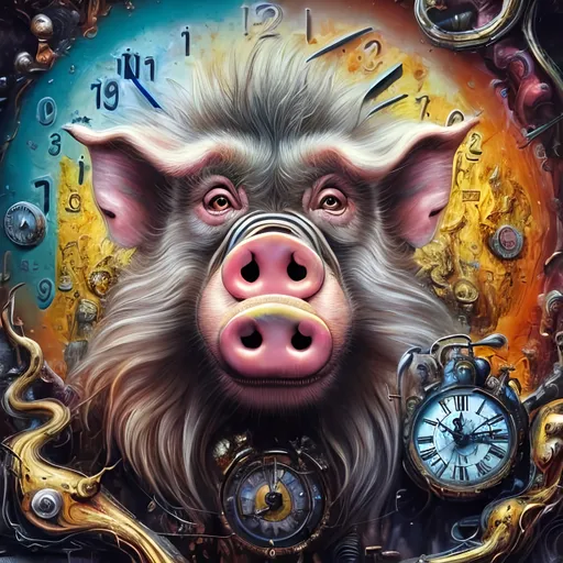 Prompt: pig, 8k resolution, surrealistic, melting clocks, detailed fur, vibrant colors, abstract background, high-quality, surrealism, 8k resolution, detailed features, Salvador Dali style, baboon, vibrant colors, melting clocks, surrealistic, surreal background, detailed fur, artistic, high-quality visuals