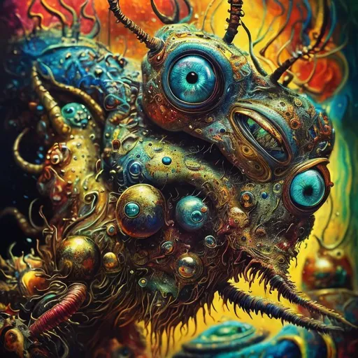 Prompt: Surrealistic 8K illustration, ant, vibrant colors, intense colors, melting clock elements, surreal Salvador Dali-inspired style, intricate fur patterns, intense and piercing gaze, dreamlike atmosphere, high quality, ultra-detailed, surrealism,detailed fur, surreal atmosphere, intense eyes, dreamlike lighting