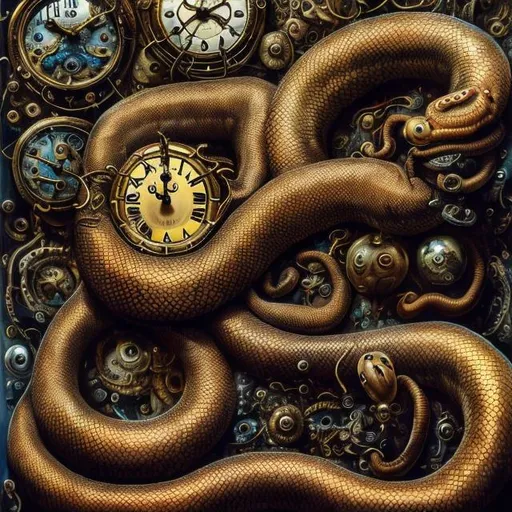 Prompt: Surrealistic 8K illustration of a boa constrictor, melting clock elements, surreal Dali-inspired style, intricate fur patterns, intense and piercing gaze, dreamlike atmosphere, high quality, ultra-detailed, surrealism, Dali-inspired, detailed fur, surreal atmosphere, vibrant colors, intense eyes, dreamlike lighting