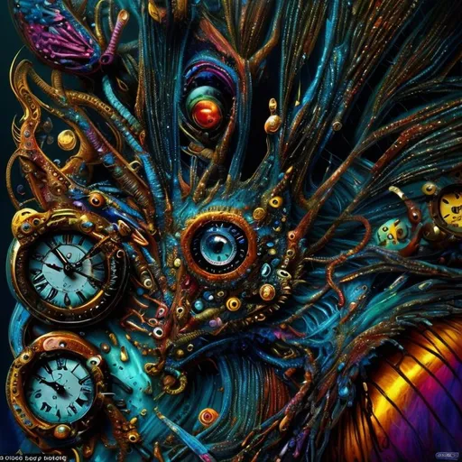 Prompt: Surrealistic 8K illustration,vibrant colors, intense colors, melting clock elements, surreal Salvador Dali-inspired style, intricate fur patterns, intense and piercing gaze, dreamlike atmosphere, high quality, ultra-detailed, surrealism,detailed fur, surreal atmosphere, intense eyes, dreamlike lighting