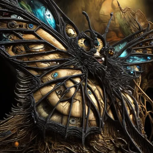 Prompt: Surrealistic 8K illustration of a majestic butterfly, melting clock elements, surreal Dali-inspired style, intricate fur patterns, intense and piercing gaze, dreamlike atmosphere, high quality, ultra-detailed, surrealism, Salvador Dali-inspired, detailed fur, surreal atmosphere, vibrant colors, intense eyes, dreamlike lighting, colorful
