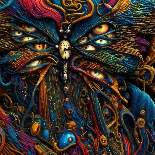 Prompt: Surrealistic 8K illustration,vibrant colors, intense colors, melting clock elements, surreal Salvador Dali-inspired style, intricate fur patterns, intense and piercing gaze, dreamlike atmosphere, high quality, ultra-detailed, surrealism,detailed fur, surreal atmosphere, intense eyes, dreamlike lighting