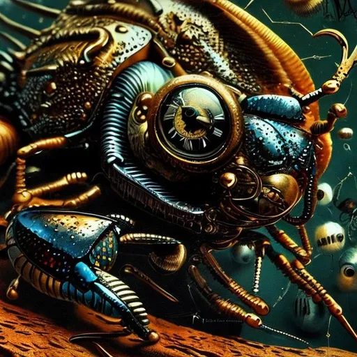 Prompt: Surrealistic 8K illustration of a majestic beetle, melting clock elements, surreal Dali-inspired style, intricate fur patterns, intense and piercing gaze, dreamlike atmosphere, high quality, ultra-detailed, surrealism, Salvador Dali-inspired, detailed fur, surreal atmosphere, vibrant colors, intense eyes, dreamlike lighting
