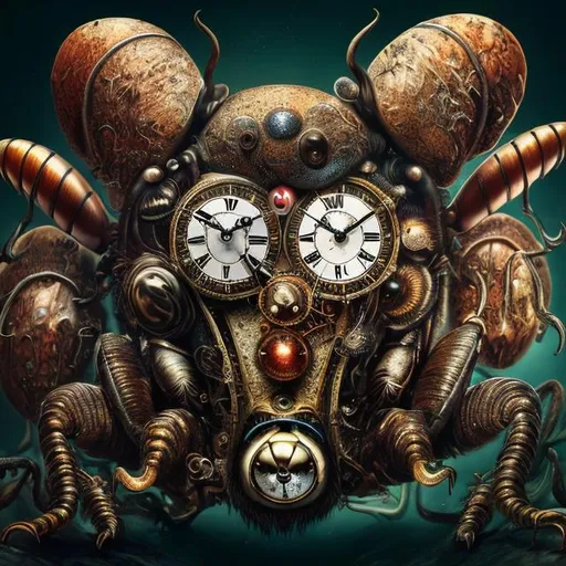 Prompt: Surrealistic 8K illustration of a majestic beetle, melting clock elements, surreal Dali-inspired style, intricate fur patterns, intense and piercing gaze, dreamlike atmosphere, high quality, ultra-detailed, surrealism, Dali-inspired, detailed fur, surreal atmosphere, vibrant colors, intense eyes, dreamlike lighting
