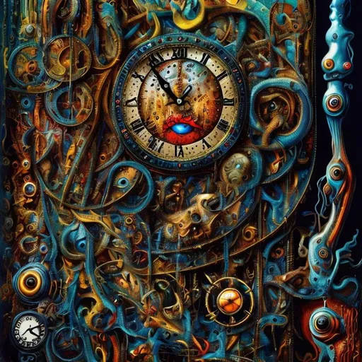 Prompt: Surrealistic 8K illustration, vibrant colors, intense colors, melting clock elements, surreal Salvador Dali-inspired style, intricate fur patterns, intense and piercing gaze, dreamlike atmosphere, high quality, ultra-detailed, surrealism,detailed fur, surreal atmosphere, intense eyes, dreamlike lighting