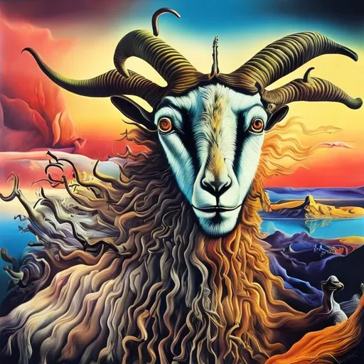 Prompt: Vibrantly surreal Salvador Dali inspired artwork of a majestic goat, highly detailed fur with vivid colors, surreal artistic style, high quality visuals, detailed eyes, dreamlike, vibrant colors, whimsical, surrealism, detailed fur, surreal lighting, 8k resolution