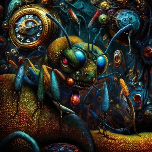 Prompt: Surrealistic 8K illustration, ant, vibrant colors, intense colors, melting clock elements, surreal Salvador Dali-inspired style, intricate fur patterns, intense and piercing gaze, dreamlike atmosphere, high quality, ultra-detailed, surrealism,detailed fur, surreal atmosphere, intense eyes, dreamlike lighting