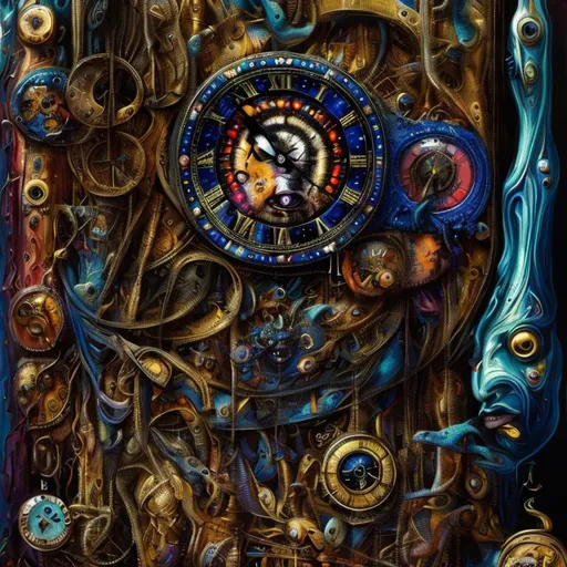 Prompt: Surrealistic 8K illustration, vibrant colors, intense colors, melting clock elements, surreal Salvador Dali-inspired style, intricate fur patterns, intense and piercing gaze, dreamlike atmosphere, high quality, ultra-detailed, surrealism,detailed fur, surreal atmosphere, intense eyes, dreamlike lighting