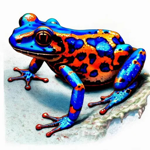 Prompt: Photo-realistic contemporary 1800s Ashiyuki illustration of a blue arrow poison frog, 32k resolution with muted reds, high quality, detailed texture, realistic lighting, vibrant colors, professional, traditional style, intricate patterns, detailed amphibian anatomy, naturalistic setting,  patinaed white background