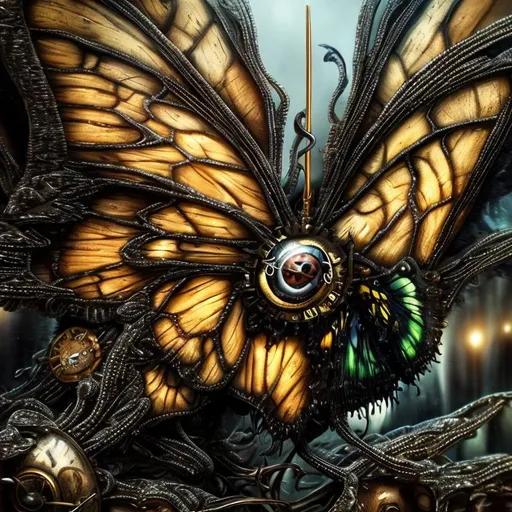 Prompt: Surrealistic 8K illustration of a majestic butterfly, melting clock elements, surreal Dali-inspired style, intricate fur patterns, intense and piercing gaze, dreamlike atmosphere, high quality, ultra-detailed, surrealism, Salvador Dali-inspired, detailed fur, surreal atmosphere, vibrant colors, intense eyes, dreamlike lighting
