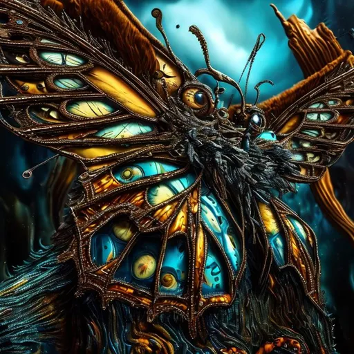 Prompt: Surrealistic 8K illustration of a majestic butterfly, melting clock elements, surreal Dali-inspired style, intricate fur patterns, intense and piercing gaze, dreamlike atmosphere, high quality, ultra-detailed, surrealism, Salvador Dali-inspired, detailed fur, surreal atmosphere,  rainbow colors, vibrant colors, intense eyes, dreamlike lighting, 
