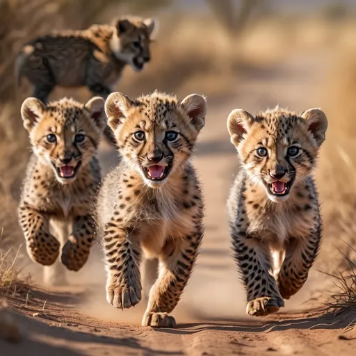 Prompt: Cheetah cubs running, Africa, sunny day, photorealistic, 8k resolution, detailed fur, vibrant colors, wildlife photography, realistic lighting, professional, high-quality, intense gaze, powerful stance, detailed texture, natural environment, wildlife scene