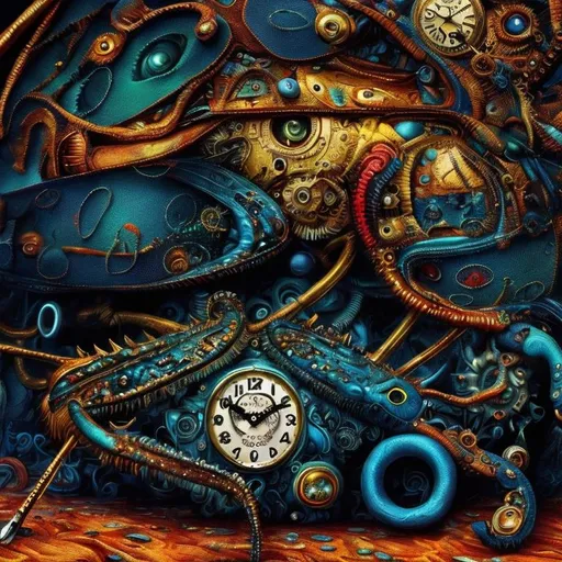 Prompt: Surrealistic 8K illustration,vibrant colors, intense colors, melting clock elements, surreal Salvador Dali-inspired style, intricate fur patterns, intense and piercing gaze, dreamlike atmosphere, high quality, ultra-detailed, surrealism,detailed fur, surreal atmosphere, intense eyes, dreamlike lighting