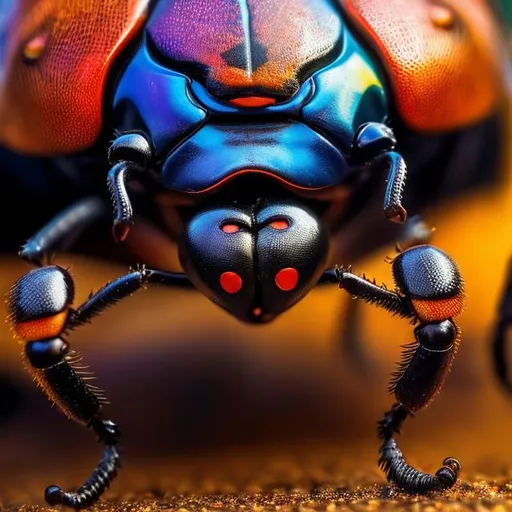 Prompt: intense gaze, powerful stance,  Dali- style, vibrant colors, natural environment, photorealistic, 8k resolution, detailed texture, professional, realistic lighting, beetle, high-quality