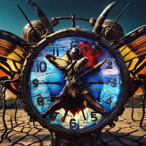 Prompt: intense gaze, powerful stance,  Dali- style, melting clocks, vibrant colors, natural environment, photorealistic, 8k resolution, detailed texture, professional, realistic lighting, butterfly, high-quality