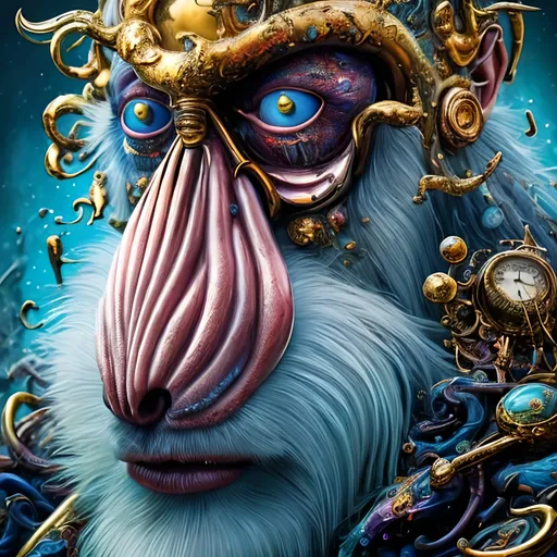 Prompt: Noble Whitebeard, 8k resolution, surrealistic, melting clocks, detailed fur, vibrant colors, abstract background, high-quality, surrealism, 8k resolution, detailed features, Salvador Dali style, baboon, vibrant colors, melting clocks, surrealistic, surreal background, detailed fur, artistic, high-quality visuals