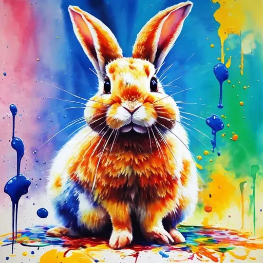 Prompt: a painting of an adorable rabbit sitting on a colorful splash