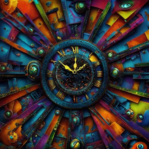 Prompt: Surrealistic 8K illustration, vibrant colors, intense colors, melting clock elements, surreal Salvador Dali-inspired style, intricate fur patterns, intense and piercing gaze, dreamlike atmosphere, high quality, ultra-detailed, surrealism,detailed fur, surreal atmosphere, intense eyes, dreamlike lighting