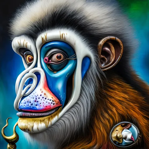 Prompt: Colobus in the style of Salvador Dali, 8k resolution, surrealistic, melting clocks, detailed fur, vibrant colors, abstract background, high-quality, surrealism, 8k resolution, detailed features, Salvador Dali style, baboon, vibrant colors, melting clocks, surrealistic, surreal background, detailed fur, artistic, high-quality visuals