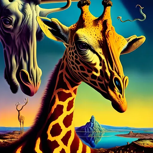 Prompt: Vibrantly surreal Salvador Dali inspired artwork of a majestic giraffe, highly detailed fur with vivid colors, surreal artistic style, high quality visuals, detailed eyes, dreamlike, vibrant colors, whimsical, surrealism, detailed fur, surreal lighting, 8k resolution