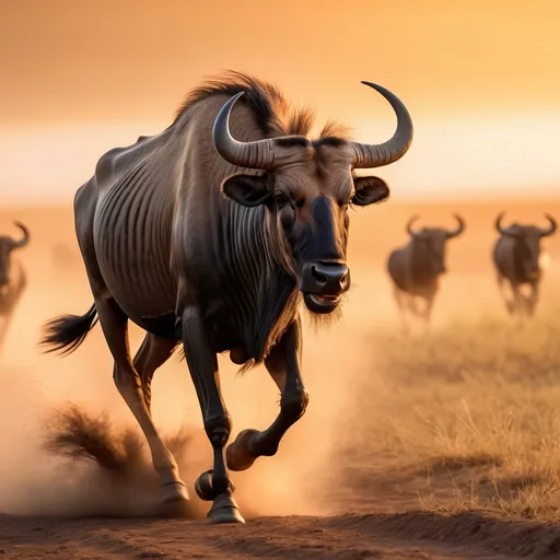 Prompt: Wildebeest running, African sunset over Serengeti, photorealistic, sharp focus, high quality, 8k resolution, wildlife photography, detailed fur texture, majestic animal, vibrant warm tones, professional, safari adventure, golden hour lighting