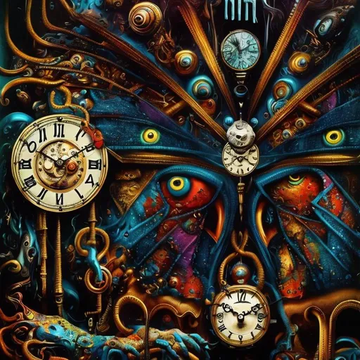 Prompt: Surrealistic 8K illustration,vibrant colors, intense colors, melting clock elements, surreal Salvador Dali-inspired style, intricate fur patterns, intense and piercing gaze, dreamlike atmosphere, high quality, ultra-detailed, surrealism,detailed fur, surreal atmosphere, intense eyes, dreamlike lighting