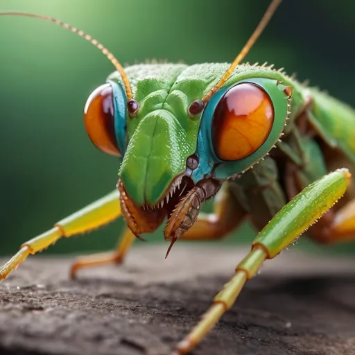 Prompt: Mantis macro, intense gaze, powerful stance, vibrant colors, natural environment, realistic lighting, photorealistic, 8k resolution, detailed texture, professional, high-quality