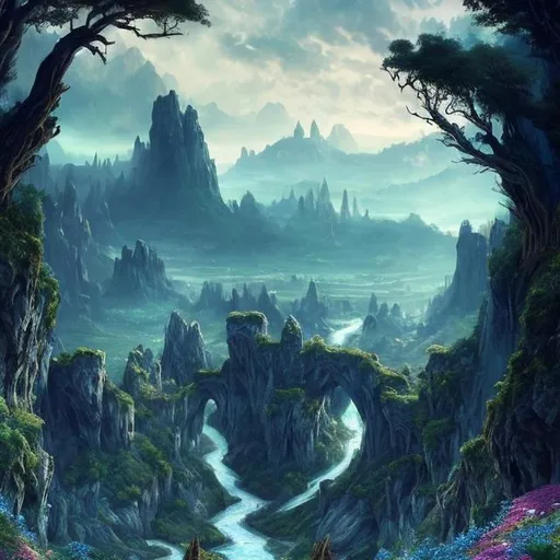 Prompt: dark landscape portrait of a lush magical fantasy valley between mountains, blue river flowing between forests, blue crystal rocks jutting out of the ground, stone pillars, enormous cave entrance, castle in background, nighttime, white fluffy clouds, beautiful wildflowers cover the ground, waterfall, (backlighting), realistic, masterpiece, highest quality, ((intricate armor)), fantasy forest in background, ((excited)), lens flare, shade, bloom, ((light sparkles)), [chromatic aberration], by Jeremy Lipking, by Antonio J. Manzanedo, by (Alphonse Mucha), 
