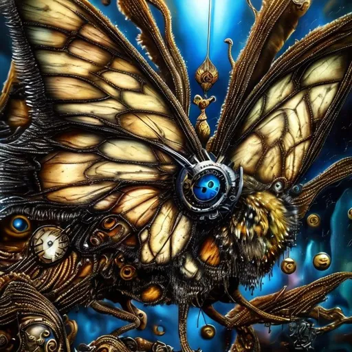 Prompt: Surrealistic 8K illustration of a majestic butterfly, melting clock elements, surreal Dali-inspired style, intricate fur patterns, intense and piercing gaze, dreamlike atmosphere, high quality, ultra-detailed, surrealism, Salvador Dali-inspired, detailed fur, surreal atmosphere, vibrant colors, intense eyes, dreamlike lighting
