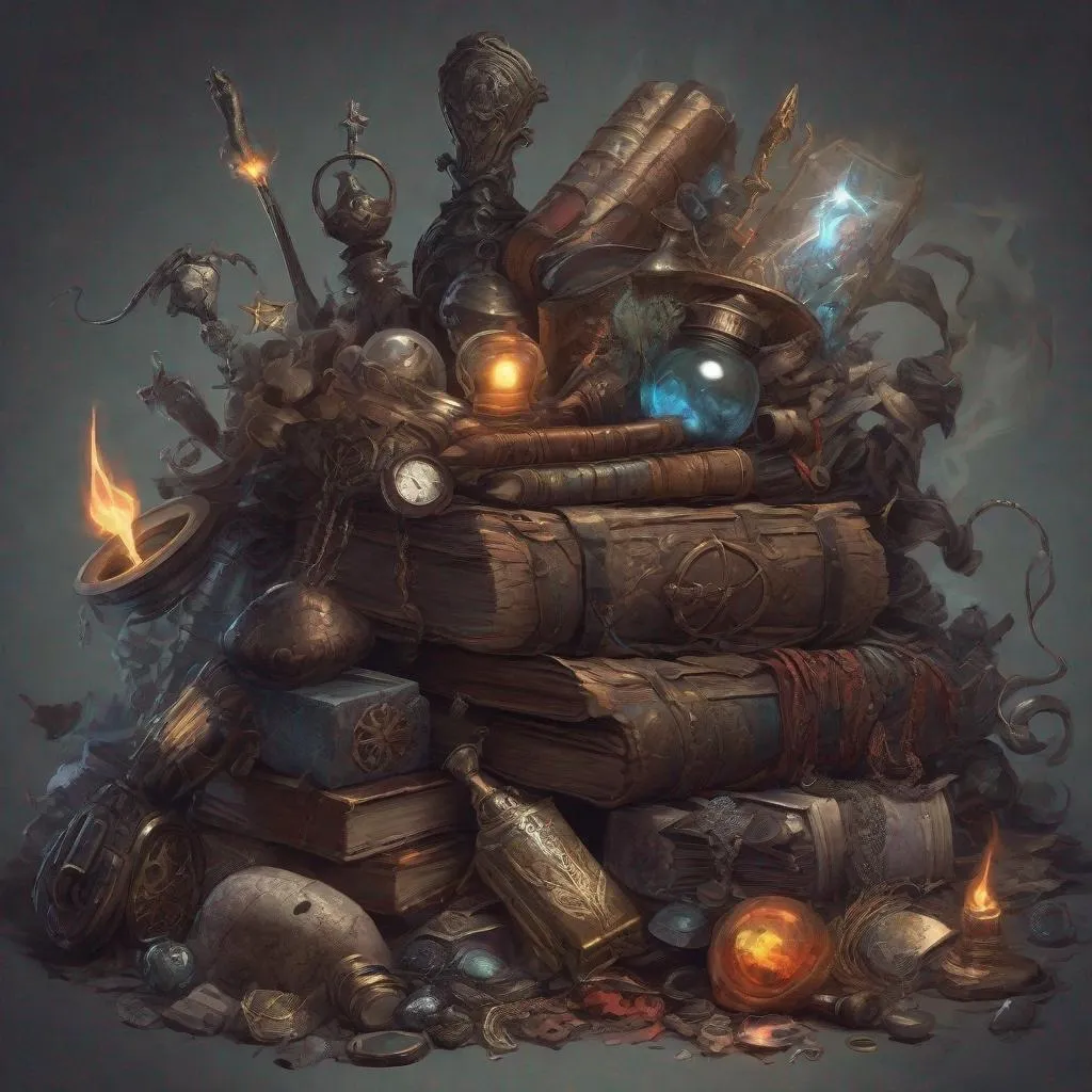 Prompt: Huge pile of magical items. Dark fantasy art.