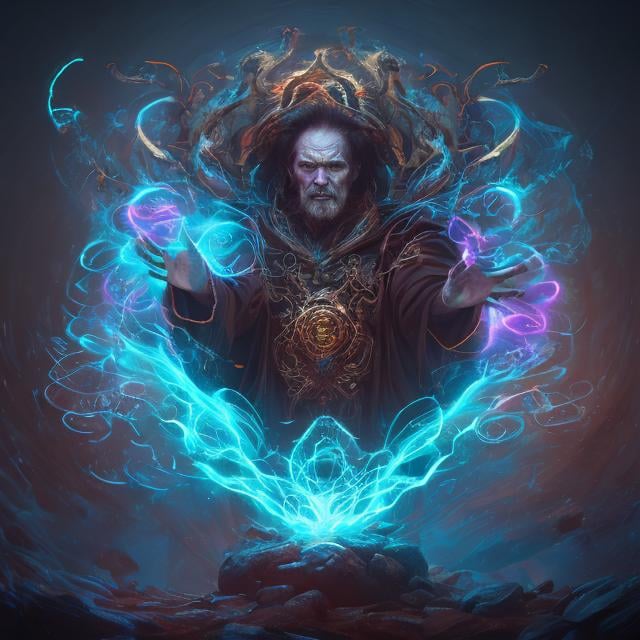 Prompt: Sorcerer summoning wild magic with swirling symbols and colorful spells, treding on artstation, dark fantasy art