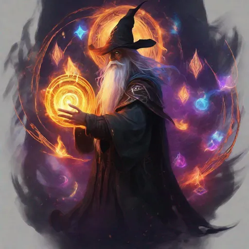 Prompt: Sorcerer summoning wild magic with swirling symbols and colorful spells, treding on artstation, dark fantasy art